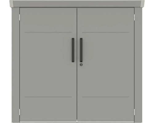 Šedé dvoukřídlé dveře s madly a zámkem