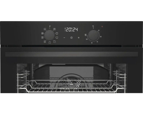Černá vestavná trouba s digitálním displejem a otočnými knoflíky