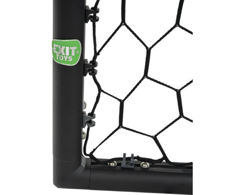 Detail fotbalové branky se sítí a logem EXIT Toys