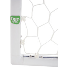Detailní pohled na fotbalovou branku se sítí a logem Exit Toys.