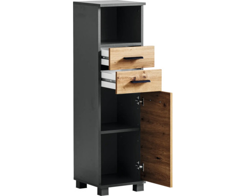 Úzká koupelnová skříňka se dvěma zásuvkami a jedněmi dvířky