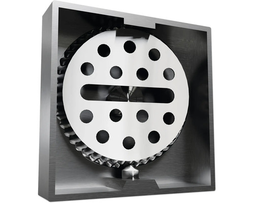 Vnitřní pohled na mechanickou sestavu s perforovaným kruhovým komponentem