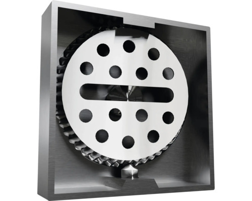 Kráječ s kulatým nožem s otvory a štěrbinou v kovovém pouzdře.