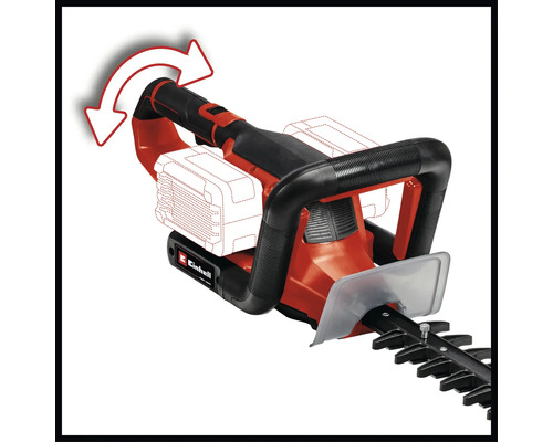 Akumulátorové nůžky na živý plot Einhell s otočnou rukojetí pro flexibilní střih.