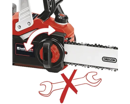 Jednoruční řetězová pila se šipkou ukazující rotační pohyb a symbolem, že není potřeba žádné nářadí