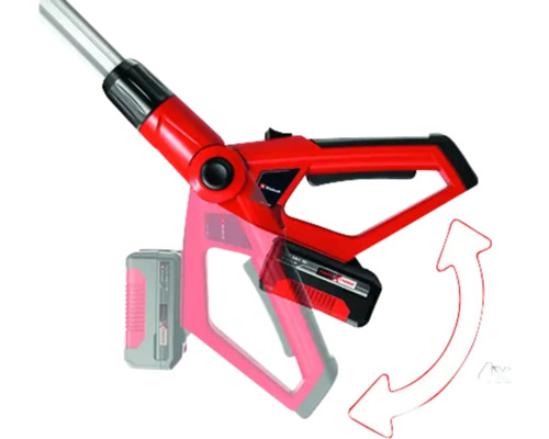 Akumulátorové nůžky na živý plot s nastavitelnou hlavou a šipkou označující rotační pohyb.