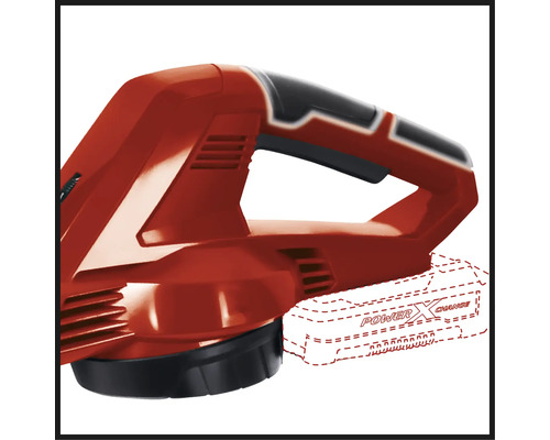 Detailní záběr červeného akumulátorového vysavače listí Einhell s naznačenou baterií