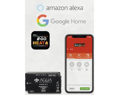 Produktový obrázek s kompatibilitou Amazon Alexa a Google Home, aplikace #Go Heat, platforma Aqua Iot a rozhraní aplikace pro chytré telefony.