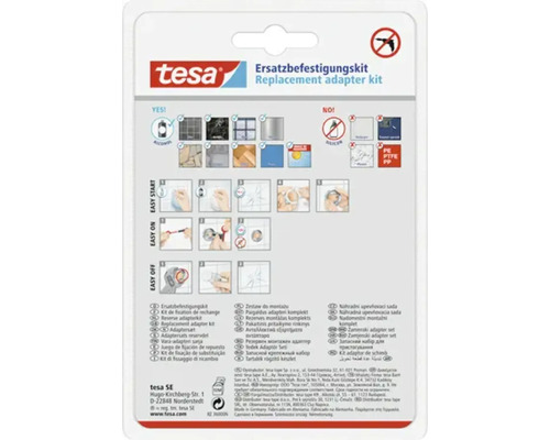 Tesa náhradní upevňovací sada obal produktu s informacemi o použití a vhodných površích