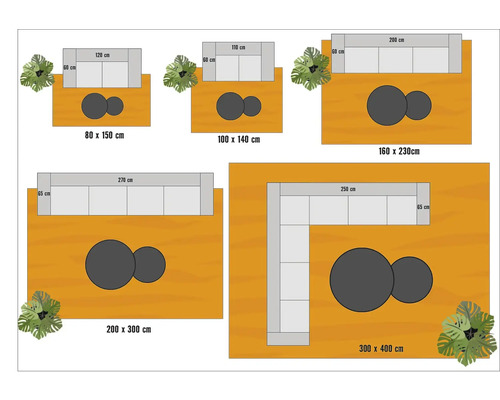 Různé velikosti venkovních koberců s nábytkem a rostlinami
