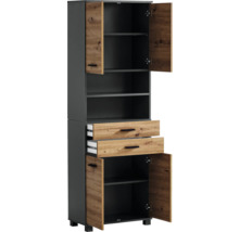 Vysoká skříňka s policemi, zásuvkami a dvířky v dřevěném dekoru