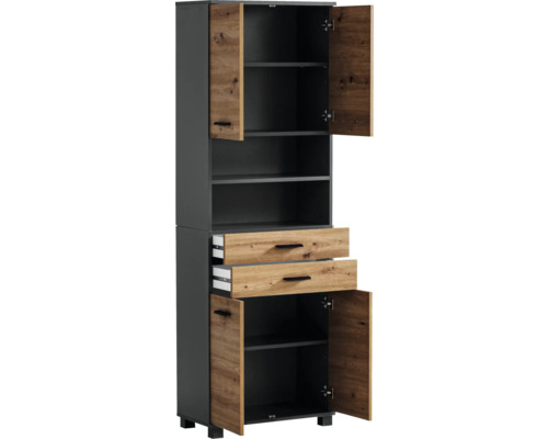 Vysoká skříňka s policemi, zásuvkami a dvířky v dřevěném dekoru