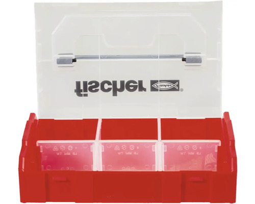 Červený úložný box s průhledným víkem a třemi přihrádkami