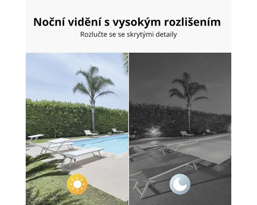 Ilustrace režimu nočního vidění s vysokým rozlišením u bezpečnostní kamery, který umožňuje jasný výhled ve tmě ve srovnání s běžným režimem denního světla