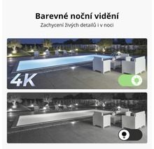 Zobrazení nočního režimu bezpečnostní kamery s barevnými a černobílými snímky bazénu.