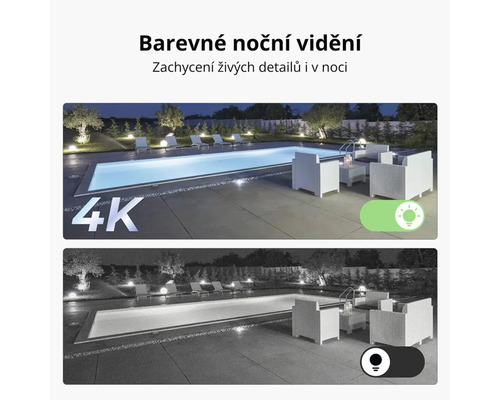 Zobrazení nočního režimu bezpečnostní kamery s barevnými a černobílými snímky bazénu.