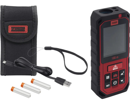 Laserový měřič vzdálenosti s příslušenstvím, včetně pouzdra, USB kabelu a baterií