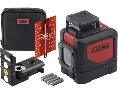 Křížový čárový laser J.C. Schwarz s cílovou deskou, držákem, bateriemi a přepravní taškou