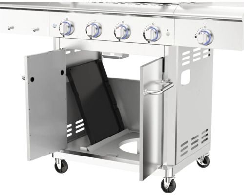 Nerezový gril s otevřenými dvířky a kolečky