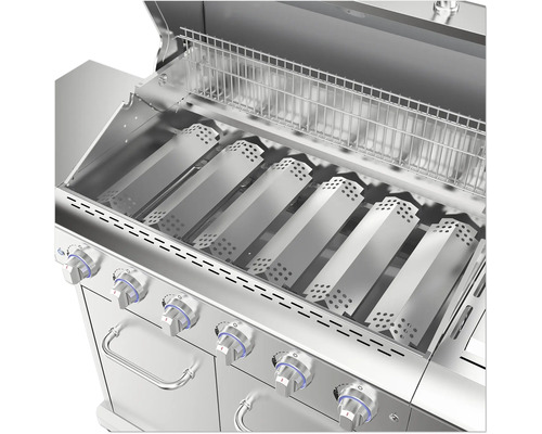 Vnitřní pohled na nerezový plynový gril s grilovacím roštem a kryty hořáků