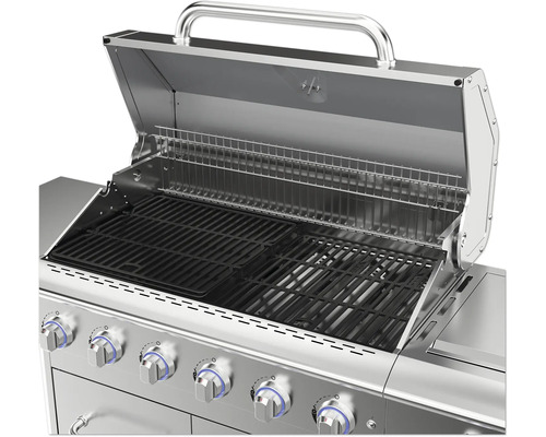 Gril s otevřeným víkem, grilovacím roštem a ovládacími knoflíky.