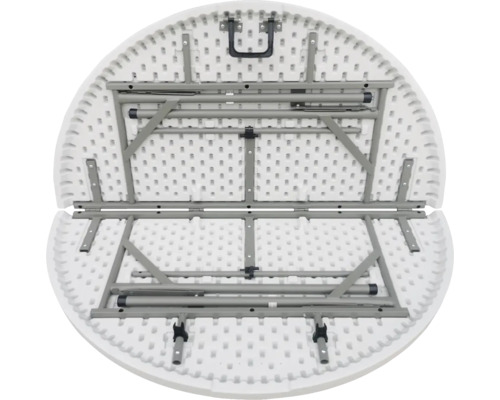 Spodní strana kulatého skládacího stolu s kovovým rámem