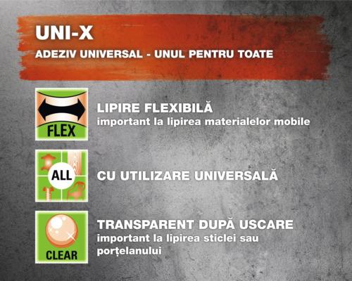 Vlastnosti univerzálního lepidla UNI-X: flexibilní spoj, univerzální použití, po zaschnutí transparentní