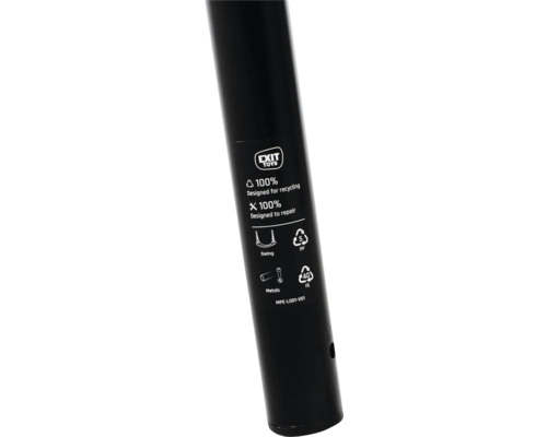 Detail černého rámu houpačky s pokyny pro recyklaci a opravy a logem Exit Toys