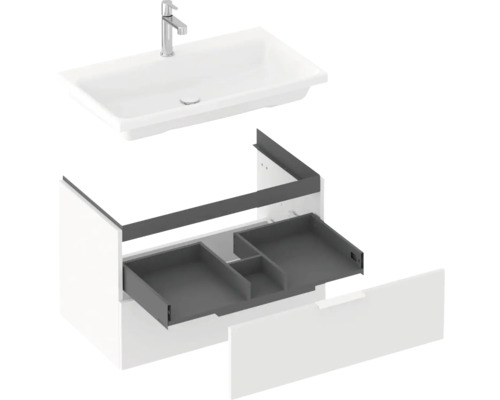 Skříňka pod umyvadlo s umyvadlem a otevřeným prvkem zásuvky
