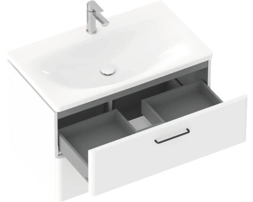 Skříňka pod umyvadlo s umyvadlem a otevřenou zásuvkou