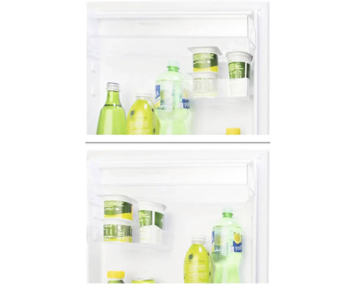 Vnitřní pohled do lednice s nápoji a jogurtem