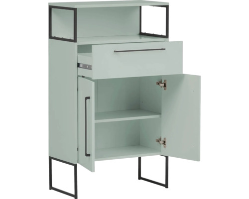 Skříňka s jednou zásuvkou, otevřenými přihrádkami a dvěma dvířky