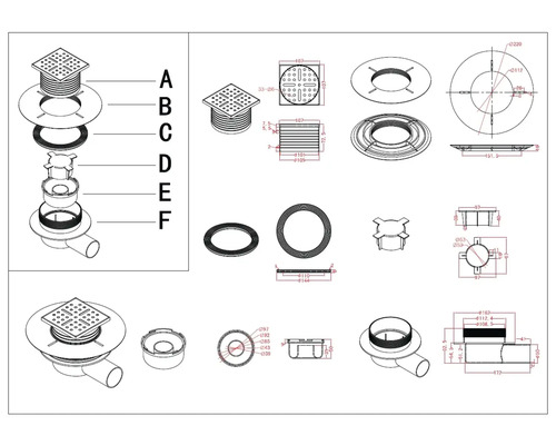 Technický nákres podlahové vpusti s různými pohledy a rozměry.
