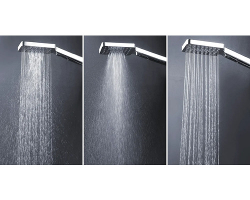 Tři obrázky sprchové hlavice s různými typy proudu.