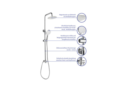 Sprchový sloup s hlavovou sprchou, ruční sprchou a sprchovou tyčí z nerezové oceli