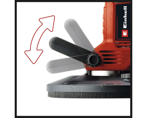 Detailní záběr drážkovací frézy Einhell se sklopnou rukojetí a červenou šipkou znázorňující otáčení rukojeti. Viditelné logo Einhell.