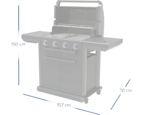 Plynový gril o rozměrech výška 150 cm, šířka 157 cm, hloubka 70 cm