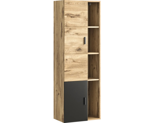 Dřevěný regál s dvířky a otevřenými policemi