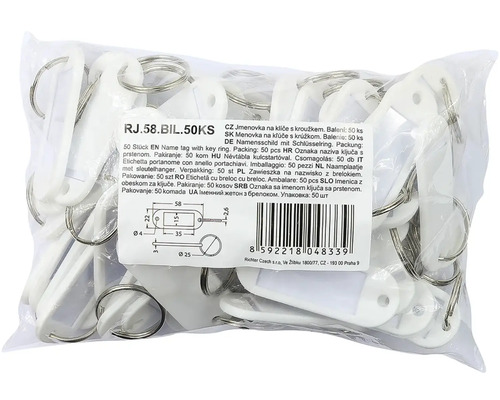 Balení 50 jmenovek na klíče s kroužkem