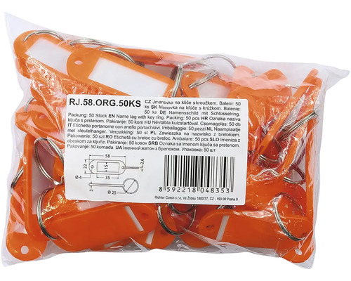 Balení 50 jmenovek na klíče s kroužkem