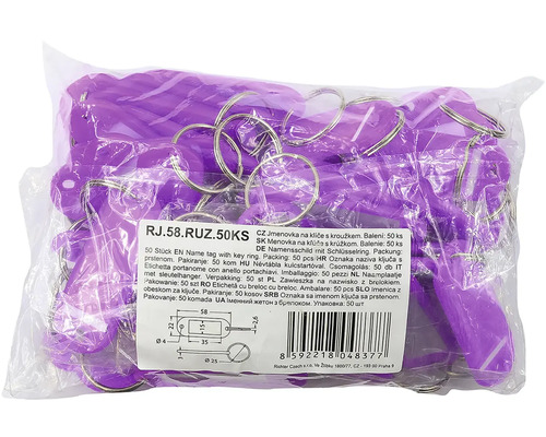 Balení 50 fialových jmenovek na klíče s kroužkem