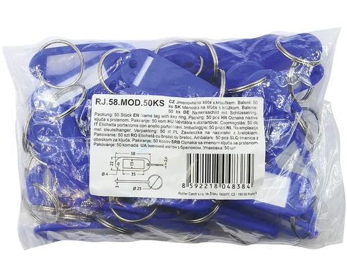 Balení 50 modrých jmenovek na klíče s kroužkem