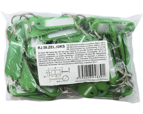Balení 50 zelených klíčenek s popisovacím polem a kroužkem na klíče
