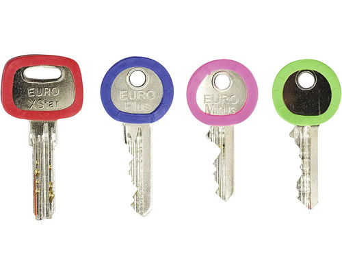 Čtyři klíče s barevnými rukojeťmi: Euro XStar, Euro Plus, Euro Minus