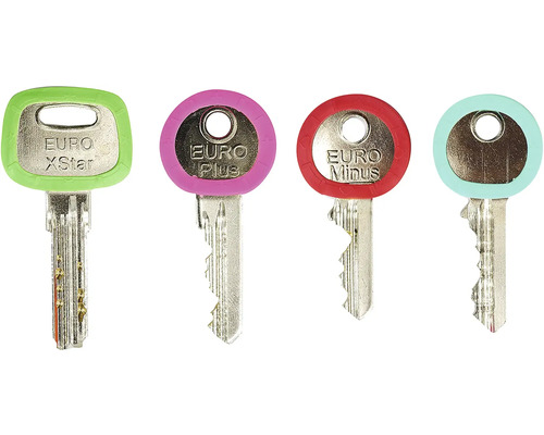 Čtyři klíče s barevnými rukojeťmi a nápisy EURO XStar, EURO Plus, EURO Minus