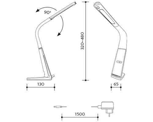 Technický nákres stolní lampy o rozměrech výška 320 až 480 mm, hloubka 130 mm, šířka 65 mm a délka kabelu 1500 mm
