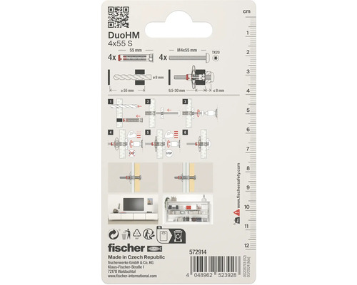 Balení hmoždinek Fischer DuoHM 4x55 S s montážním návodem a technickými detaily