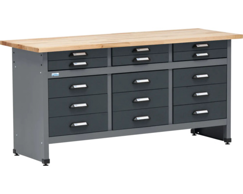 Pracovní stůl se zásuvkami a dřevěnou pracovní deskou.