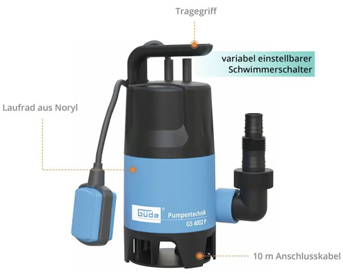Ponorné čerpadlo s rukojetí, nastavitelným plovákovým spínačem, oběžným kolem Noryl a desetimetrovým připojovacím kabelem