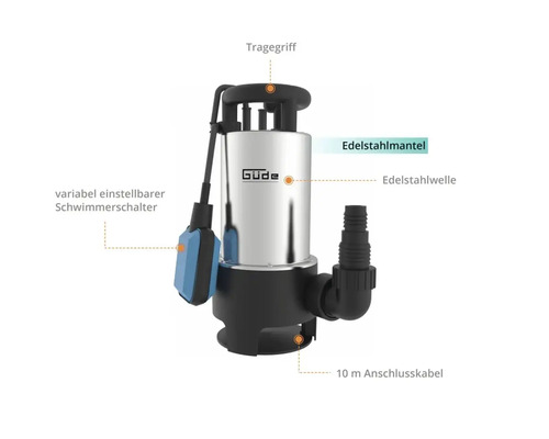 Čerpadlo na kalnou vodu Güde s rukojetí, pláštěm z nerezové oceli, hřídelí z nerezové oceli, variabilním plovákovým spínačem a 10metrovým připojovacím kabelem